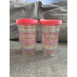 Thirty One Tervis Tumbler 16 Oz Lacey Swirl Stripe Design Pink Lid Set Of Two
